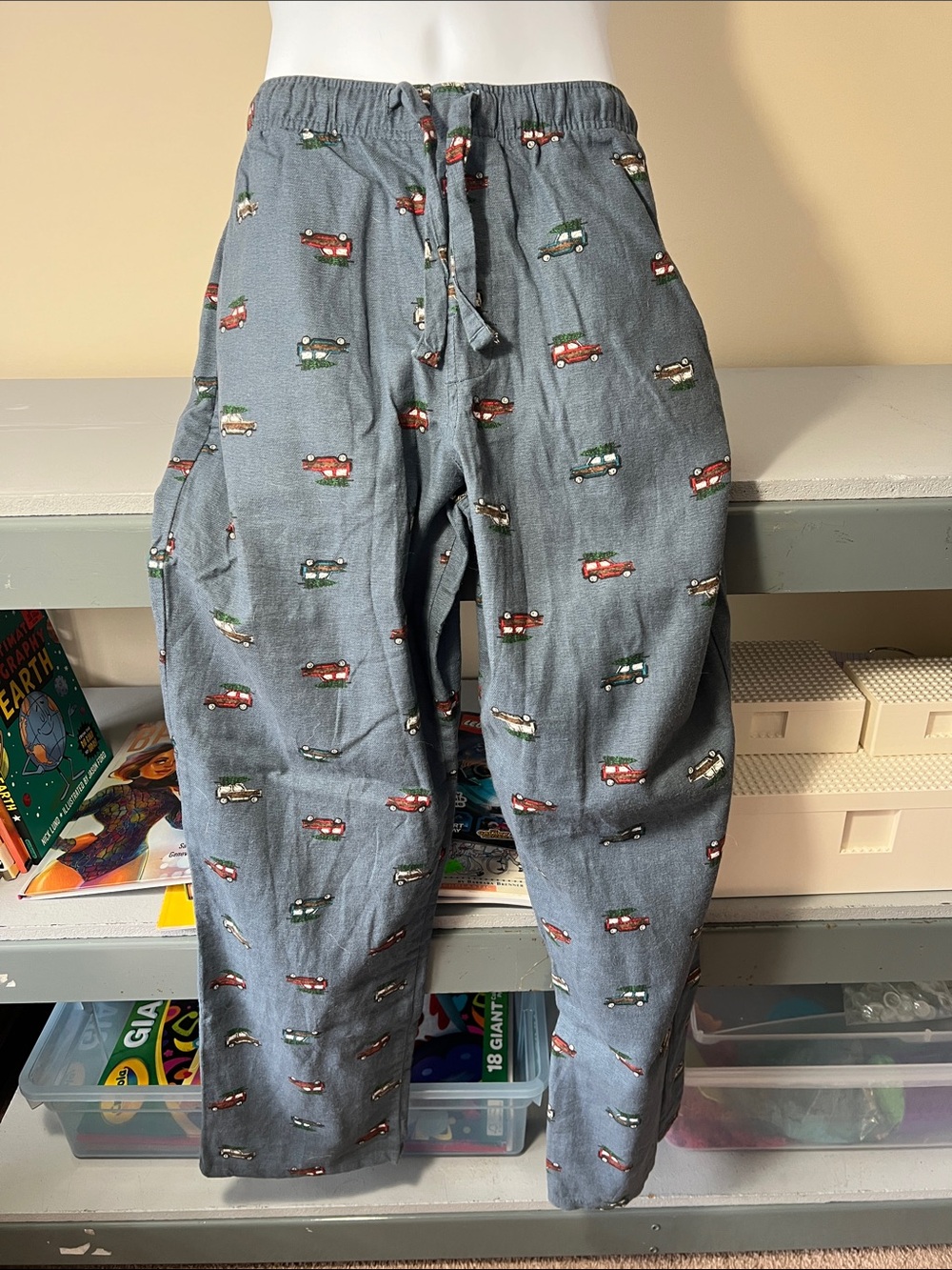 Old Navy Heather Blue Flannel Lounge Pajama Pants Car with Tree Print